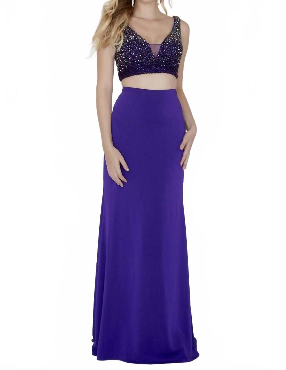 NEW JOSH & JAZZ sleeveless v neck silky crepe prom dress in purple/multi